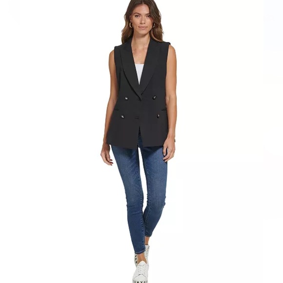 DKNY Double Breasted Vest. Black with Gold Buttons and Gold Logo Embellishments - Picture 2 of 12